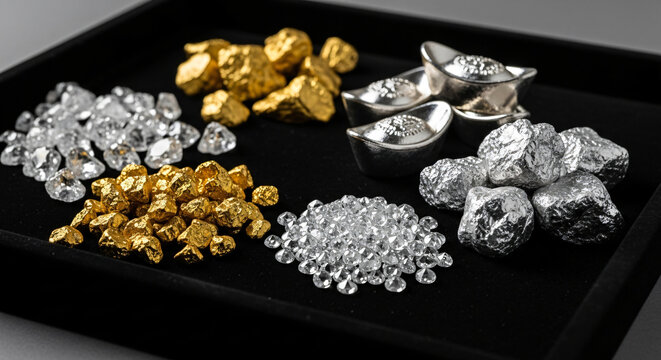 Collection of precious gold nuggets silver bars and diamonds