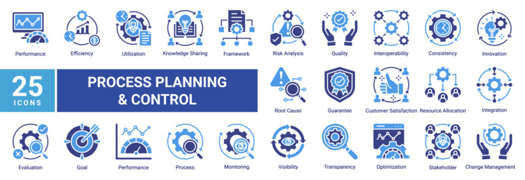 Process Management icon set featuring performance,efficiency,risk analysis,quality,and monitoring concepts.Perfect for business systems,planning,control,and operational workflows.