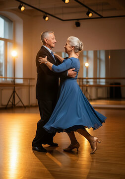 Elderly couple dancing ballroom together.