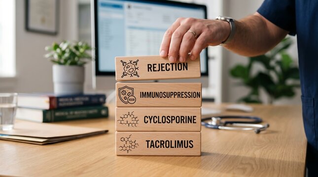 Medical professional stacking wooden blocks representing rejection and immunosuppression drugs like cyclosporine and tacrolimus
