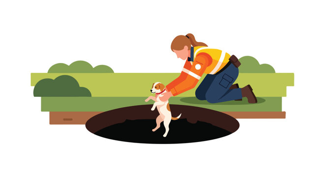 A rescue worker in uniform pulls a small puppy out of a deep pit in the ground