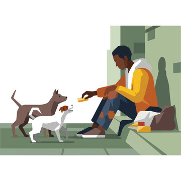 Homeless man with torn clothes sits on concrete steps feeding two stray dogs