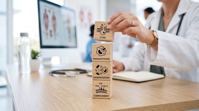 Medical professional stacks wooden blocks illustrating scientific concepts like lysis phagocytosis opsonization and complement in a clinical setting