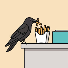 Obraz premium A stylized vector illustration of a black crow eating french fries on a counter
