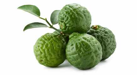 Fototapeta premium Group of fresh green kaffir lime fruits with leaves isolated on a white background