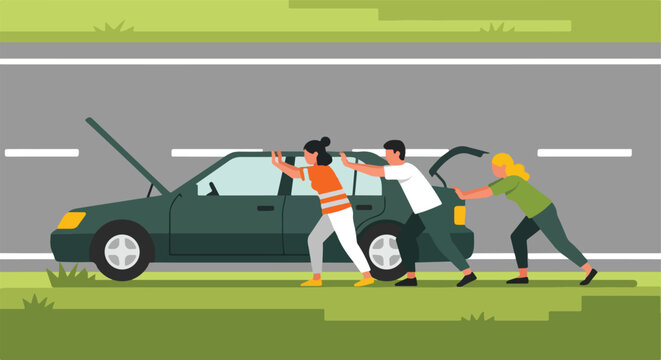 Three people working together to push a broken down car along a roadside road