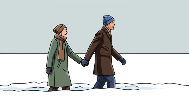 A couple wearing winter coats and hats walking together through deep white snow