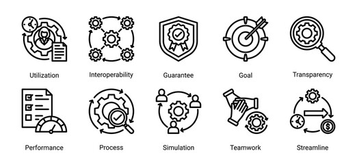 Fototapeta premium Process Management icon set featuring workflow,process,performance,and optimization concepts.Perfect for business operations,system integration,and efficiency improvement.