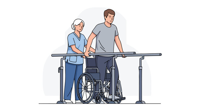 A caregiver assisting a man in physical therapy rehabilitation with parallel bars