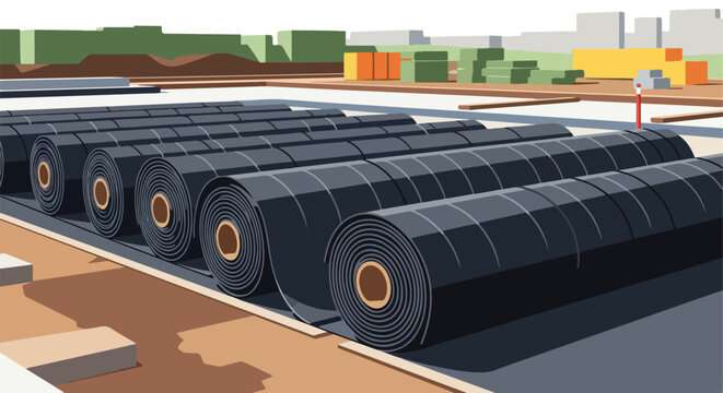 Rows of large black waterproofing membrane rolls at a suburban construction site