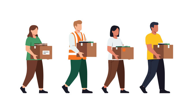 Four diverse people in casual clothes carry cardboard boxes in a single file line