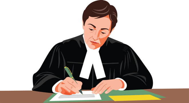 A female judge in black robes writes on a legal document at her wooden desk