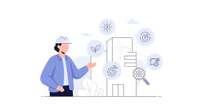 Professional architect with building design concepts and project management icons. EPS Editable. Vector Illustrations.