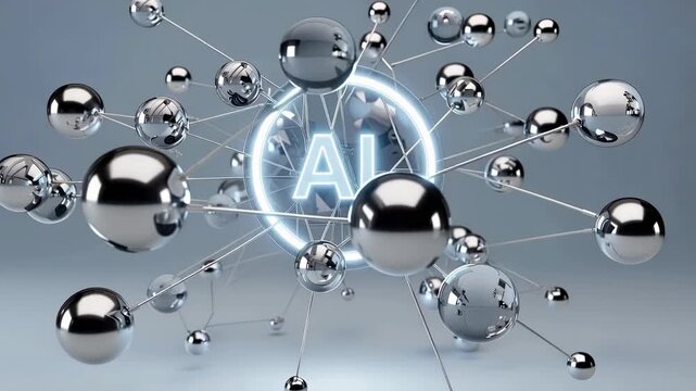 Artificial intelligence AI network connection concept. 3D render of abstract futuristic nodes and spheres representing neural networks and data computing