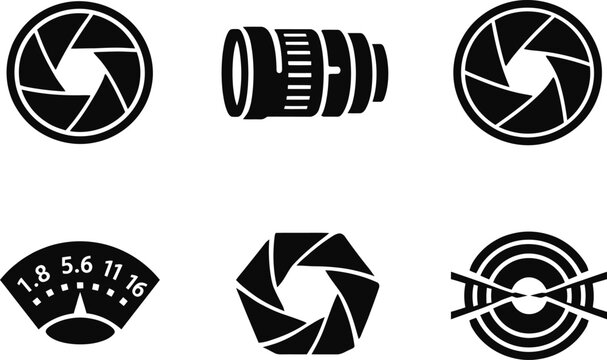 Camera aperture and lens icons simple black vector set