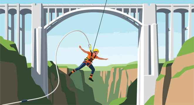 A person bungee jumps from a massive concrete arch bridge over a deep canyon