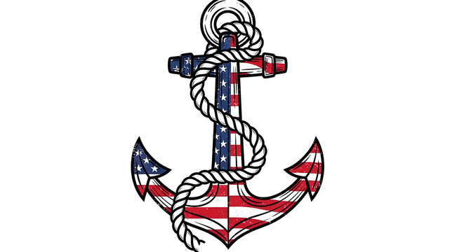 Anchor with American flag pattern and rope on a white background nautical maritime
