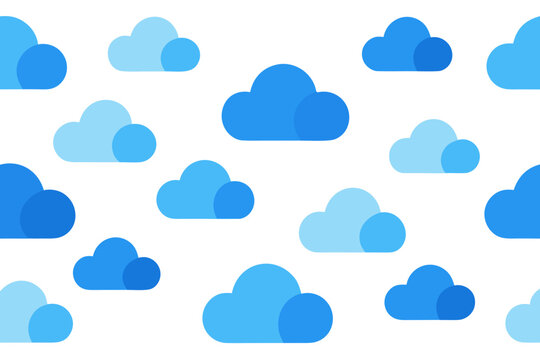 Seamless vector graphic illustration showing a repeating pattern of fluffy blue weather clouds on a simple white background surface