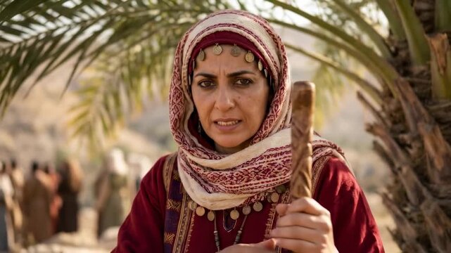 Prophetess Deborah judge of Israel under palm tree biblical leader portrait.
