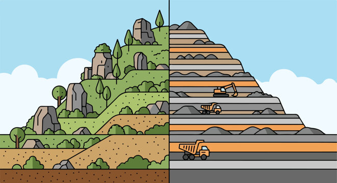 A split illustration comparing a natural landscape to an industrial open-pit mine