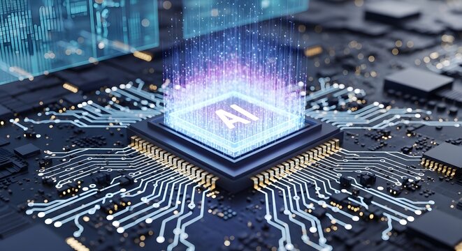 Central processing unit on circuit board glowing with artificial intelligence concept and data flow.
