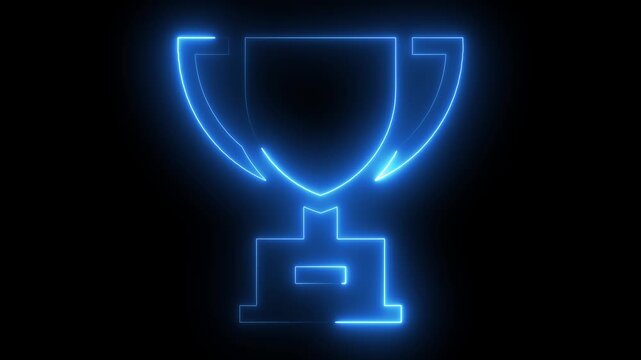 Glowing blue neon trophy animation, success and achievement concept, digital symbol on black background