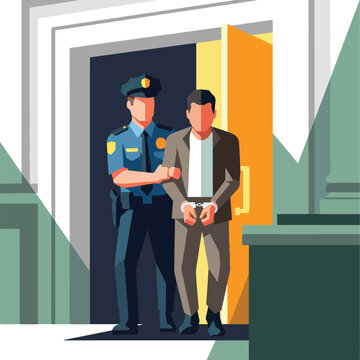 A police officer leads a handcuffed man in a suit out of an open doorway