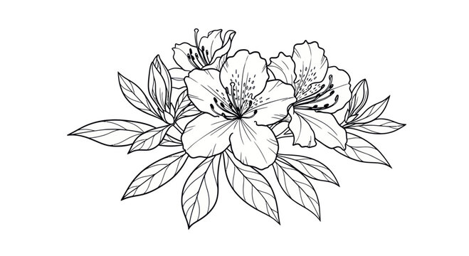Elegant Azalea Flower Blossom Illustration, Black and White Line Art Sketch