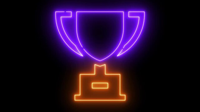 Glowing neon trophy animation, success and victory concept, vibrant purple and orange light sign on black background, for business achievement, and awards