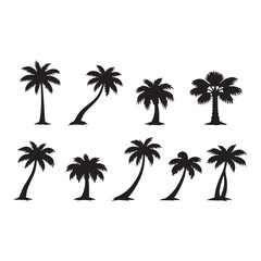 Obraz premium Black Palm Tree Silhouette Set — Collection of 8 Flat Vector Tropical Coconut Palm Icons for Summer Beach, Resort Branding, Travel Poster, Island Lifestyle, and Vacation Design on White Background