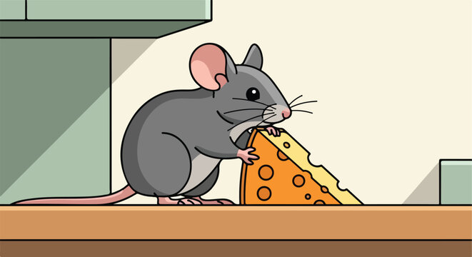 A cute grey cartoon mouse stands on a wooden floor holding a slice of yellow cheese