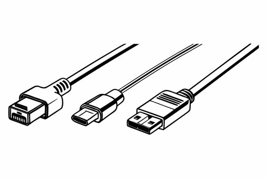 Professional vector illustration of three modern computer connection cables showcasing distinct interface ports for data transfer and hardware device connectivity