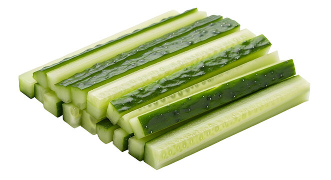 Fresh cucumber sticks isolated on white background, sliced green cucumber batons for snacking, raw vegetable julienne strips for healthy cooking