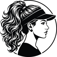 Minimalist black and white profile portrait of a sporty girl with long curly hair and a tennis visor design. © Vector Design
