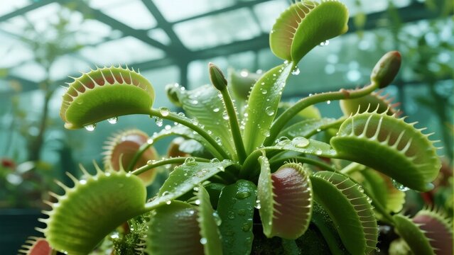 Close-up of Venus flytrap with dew drops in a greenhouse
