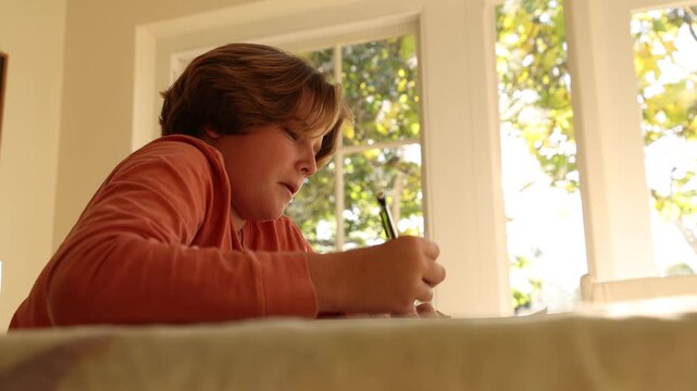 12 year old boy doing homework on kitchen table at sunset