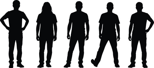 Standing human silhouettes collection, black people icons, posture illustration, casual body language graphic, diverse character vector design set for stock © MstGeasmin