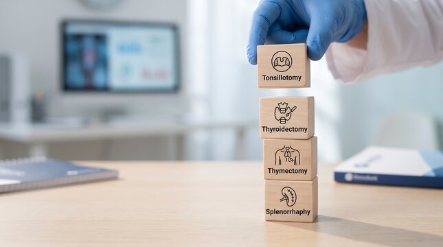 Medical procedures wooden blocks with surgical terms and icons on a desk in a clinic