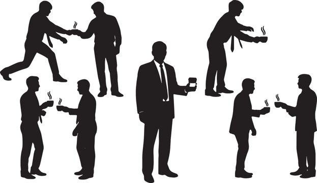 Black Solid Junior Analysts Handing Coffee Silhouettes Set of Six on White Background