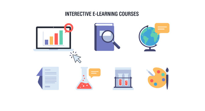 Set of flat vector icons representing various interactive elearning and education subjects. EPS Editable. Vector Illustrations.