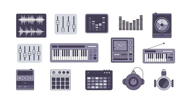 Set of music production equipment and audio recording gear icons. EPS Editable. Vector Illustrations.