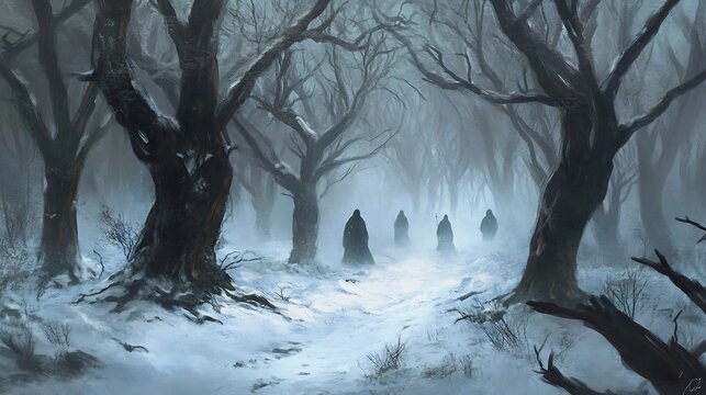 Winter horror forest covered in snow with dead trees shadowy figures barely visible in the fog and a cold silent atmosphere that chills to the bone capturing a sense of isolation