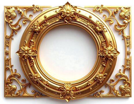 Intricately detailed gold decorative picture frame, circular inner and ornate corner designs