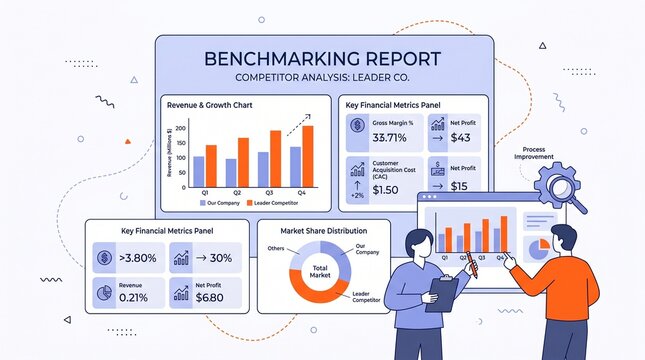 Benchmarking concept for business development showing analysis of financial statistics, data graphs, and competitor reports in a minimalist Corporate Memphis aesthetic flat vector illustration.