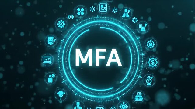 Multi-factor authentication MFA concept featuring a glowing blue digital interface with rotating security and data icons