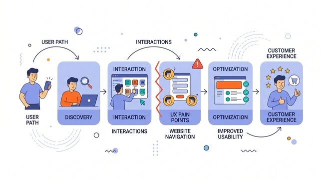 User journey mapping with flowcharts visualizing user paths, interactions, UX pain points, and optimizing website navigation for improved customer experience in an outline flat vector illustration.