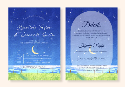 Watercolor Beach Wedding Invitation Template Set, Coastal Ocean Themed Marriage Invite with RSVP and Details Card, Tropical Summer Destination Wedding Stationery Illustration