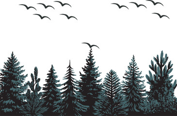 Obraz premium Evergreen forest landscape, pine trees silhouette, birds flying, nature scenery, wilderness background
