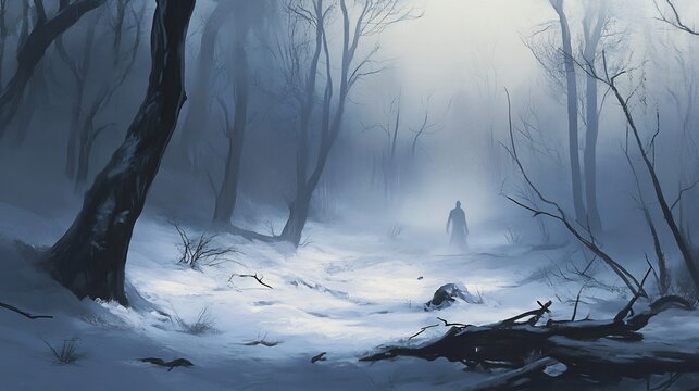 Winter horror forest covered in snow with dead trees shadowy figures barely visible in the fog and a cold silent atmosphere that chills to the bone capturing a sense of isolation