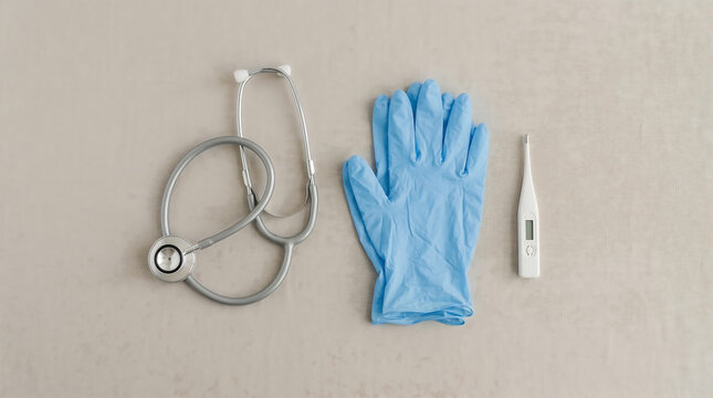 Doctor tools and blue gloves on table Generative AI